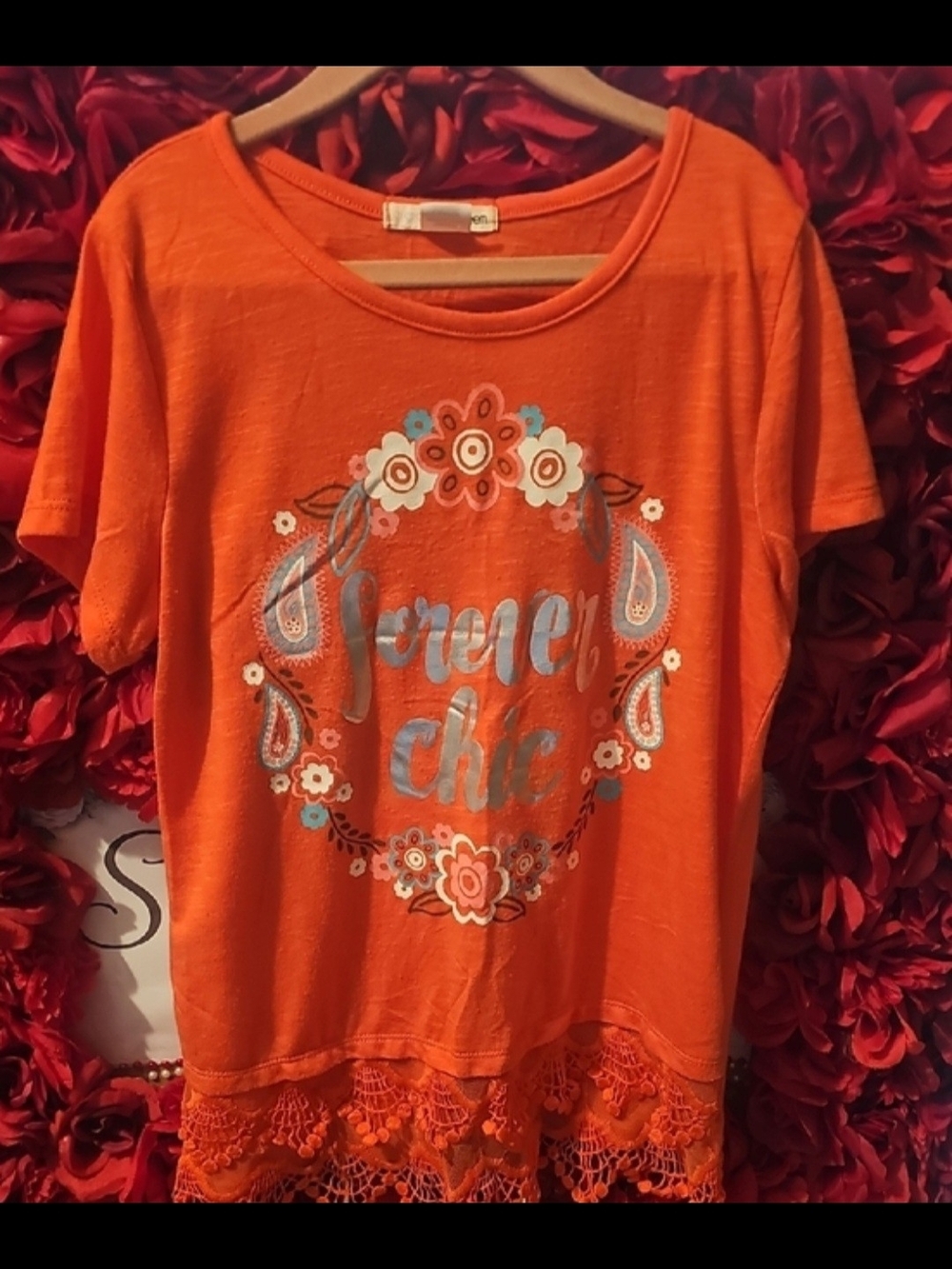 Self Esteem Orange "Forever Chic" Floral Lace Hem Top